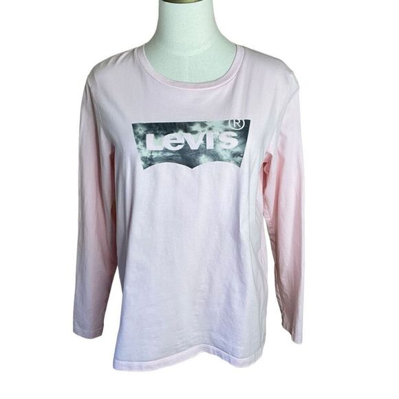 Levis Womens Size Large Graphic Tee T Shirt Pink Long Sleeve Crewneck Pullover - Picture 1 of 10